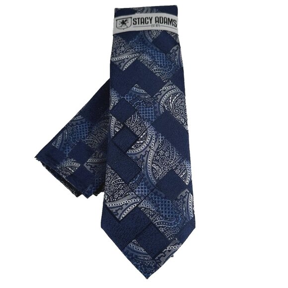 Stacy Adams Men Tie Hanky Navy Royal Blue Charcoal Gray Silver Plaids & Checks - Picture 3 of 4